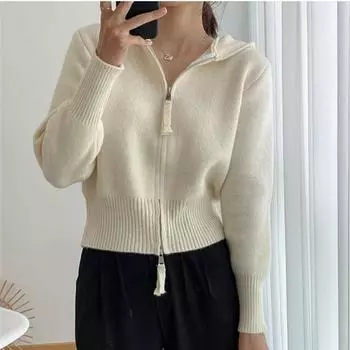 Однотонный вязаный кардиган на молнии для женщин, весна-осень, модный короткий свитер с капюшоном, куртка, удобная, универсальная и модная One Size небесно-голубой