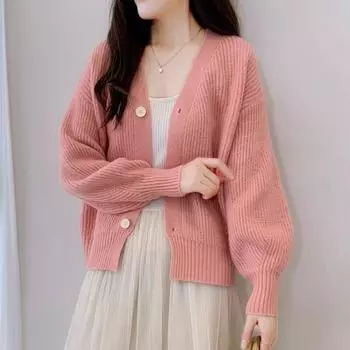 Однотонный вязаный кардиган с V-образным вырезом для женщин, осень и зима, новый свободный ленивый стиль, темперамент, универсальный короткий свитер для женщин One Size абрикосовый