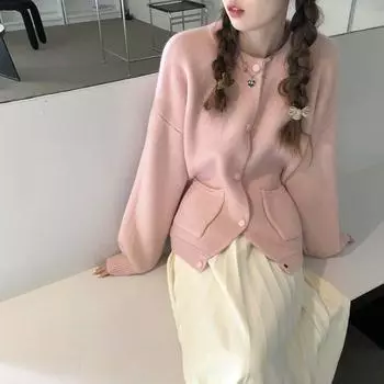 Однотонный вязаный кардиган женский осенне-зимний новый корейский стиль свободный повседневный универсальный свитер с круглым вырезом куртка average size трава зеленый