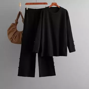 Однотонный вязаный костюм большого размера для женщин на осень и зиму, свободный и модный повседневный костюм-двойка OneSize чёрный