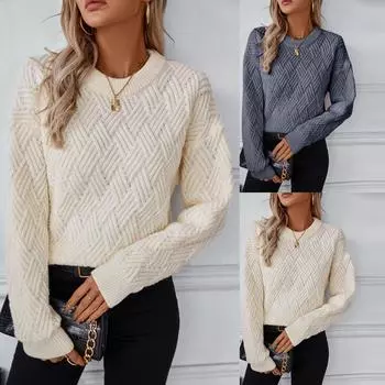 Однотонный вязаный свитер для женщин осень и зима новый ретро круглый вырез вязаный свитер L бежевый