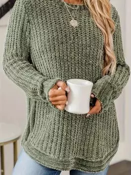 Однотонный вязаный свитер, повседневный универсальный топ с длинными рукавами и круглым вырезом для осени и зимы, 1XL армия зеленый
