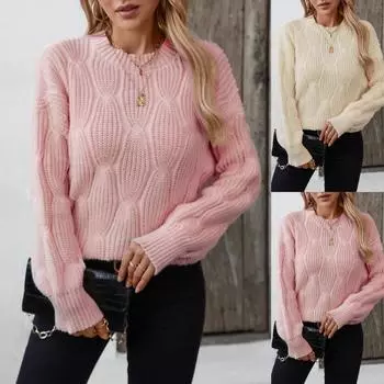 Однотонный вязаный свитер с косами, осенне-зимний ретро-свитер с круглым вырезом и длинными рукавами M розовый