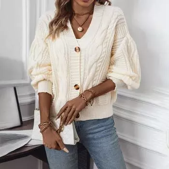 Однотонный вязаный свитер с V-образным вырезом, вязаный свитер с пуговицами, кардиган, свитер для женщин S
