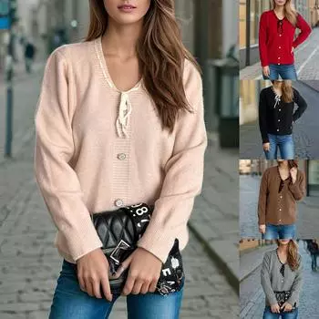 Однотонный вязаный свитер с V-образным вырезом и галстуком-бабочкой для женщин, осенняя внутренняя одежда, нежная рубашка в стиле боди, милый пуловер, топ L чёрный