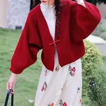 Однотонный вязаный свитер в стиле ретро с пряжками-дисками, женский осенне-зимний кардиган с V-образным вырезом и длинными рукавами в студенческом стиле One size красный