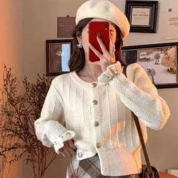 Однотонный вязаный свитер, женский кардиган, осень-зима 2023, с круглым вырезом и длинным рукавом, винтажный маленький короткий свитер для ленивого кардигана, женское пальто One Size хаки