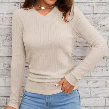 Однотонный вязаный топ в рубчик с V-образным вырезом, повседневный тонкий свитер с длинными рукавами, женская одежда XS бежевый