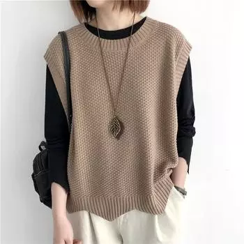 Однотонный вязаный жилет для женщин на осень, свободный круглый вырез, неровный пуловер, короткий жилет, жилетное плечо, внешний слой One Size