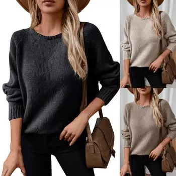 Однотонный завитой свитер-пуловер для женщин осень и зима свободный круглый вырез повседневный модный вязаный свитер L бежевый