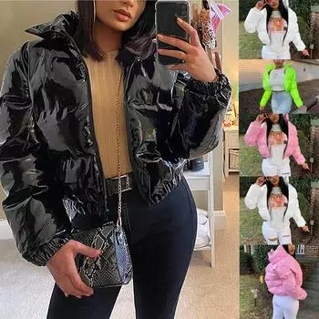 Однотонный зеркальный кардиган на молнии из искусственной кожи с воротником-стойкой, белая женская куртка на утином пуху L чёрный