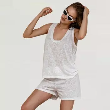 Однотонный женский комплект без рукавов с широкими штанинами и высокой талией, женские шорты, повседневные комплекты 2025 года, весна-лето, квадратный воротник, женская пижама S белый