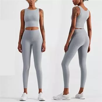 Однотонный женский комплект для фитнеса и йоги, полный комплект, утолщенный бюстгальтер, укороченный топ, леггинсы, комплект из 2 предметов, устойчивый к приседаниям, одежда для спортзала M