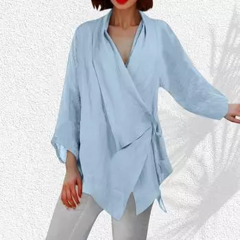 Однотонный женский повседневный топ из хлопка и льна с обычным подолом XL синий