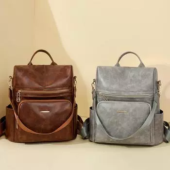 Однотонный женский рюкзак для поездок на работу, большая вместимость, мягкая кожаная дорожная сумка через плечо серый