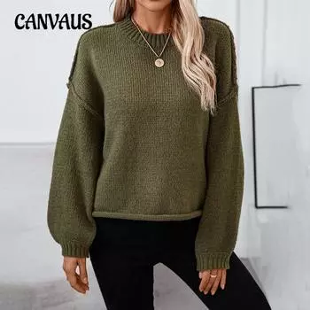 Однотонный женский свитер больших размеров, свободный свитер с круглым вырезом и рукавами-фонариками на осень и зиму S армия зеленый