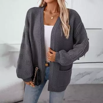 Однотонный женский свитер осень-зима V-образный вырез карман длинный рукав кардиган свободный свитер для женщин S хаки