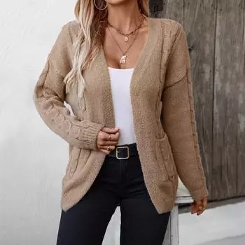 Однотонный женский свитер осень-зима V-образный вырез с карманами-перекрутками вязаный кардиган свитер для женщин S хаки