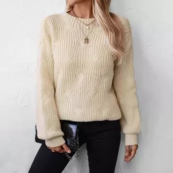 Однотонный женский свитер, осенне-зимний свитер с круглым вырезом, свободный стиль для женщин S бежевый