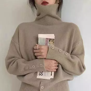 Однотонный женский свитер с высоким воротом на осень-зиму в стиле ретро в Корейском стиле с ленивым узором one size белый
