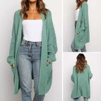 Однотонный женский вязаный кардиган свободного покроя большого размера с открытым передом, свитер, пальто S зелёный