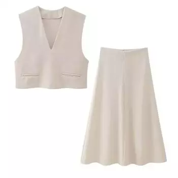 Однотонный жилет, юбка, женский костюм, V-образный вырез, без рукавов, имитация кармана, топ, плиссированные юбки в стиле ампир, весна-лето 2025, элегантный женский комплект S абрикосовый