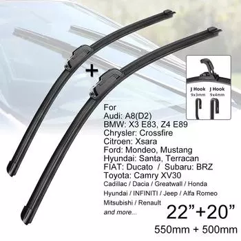 OEM качество Премиум всесезонные автомобильные щетки переднего стеклоочистителя 22 + 20 J Hook U-образный универсальный для FIAT Ford Honda Hyundai KIA Subaru Toyota