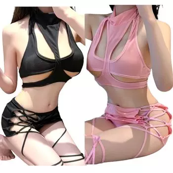 of Extreme Sexy Cosplay Underwear Bikini Tankini Sports Bra Wet Sheer Swimsuit Lingerie Black Peach 2 Color [OLYOLY] [Set 2] (09 Set)