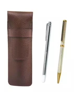 of grained cowhide leather pencil cases with a metal pen holder and a brass hexagonal rotating ballpoint pen set Two-pack chocolate-colored (silver,