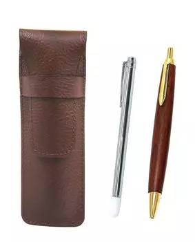 of leather pencil cases with a metal pointer and a wooden retro ballpoint pen set Two-pack chocolate-colored (SASTYO-701S-HS48S-2)