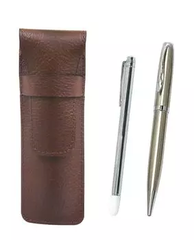 of leather pencil cases with metal pointers and elegant silver rotating ballpoint pens Two-pack chocolate-colored (SASTYO-701S-LF01CB-2)