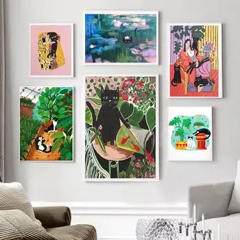 Ofelinea Cat Золотая рыбка и постер Catisse с изображением животных, холст, картина на стене, картина с скандинавским принтом для гостиной, домашний декор 21x30cm No Framed