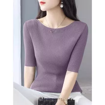 off-Shoulder Classy Half Sleeve Base Top Sweater Clove purple M([Recommended 50.00 kg-55.00 kg]])
