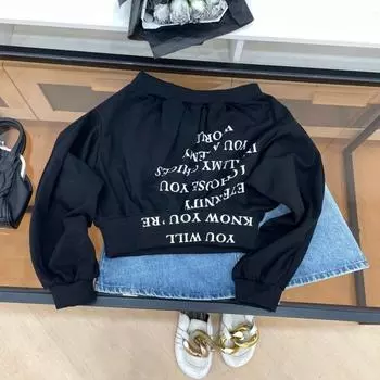 off-Shoulder English Letter Print Sweatshirt American Retro Stylish Easiest for Match Sexy Tops B#28 Black One size
