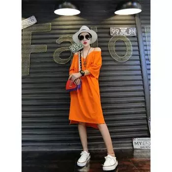 off-Shoulder European and American Loose Slim Looking Dress V-neck Strap Orange L