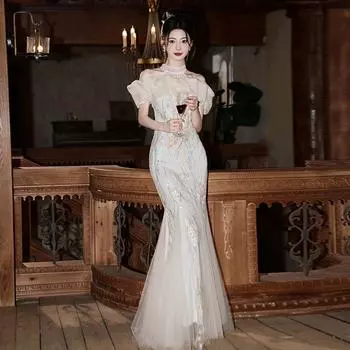 off-Shoulder Evening Dress for Women 2025 New Arrival Fishtail Classy Light Luxury Minority Host Engagement Evening Gown Adult Ceremony Image color 2XL