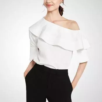 off-Shoulder Expose Clavicle Pullover Shirt Loose Summer Wear White XL