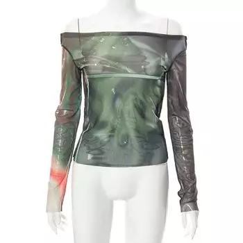 off Shoulder Print Mesh Shirt Fashion Style Mesh Floral Print off-Shoulder T-shirt Y2g Green Y21TP483 S