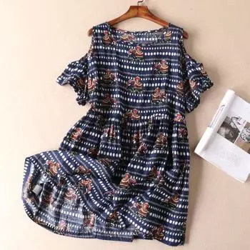 off-Shoulder Wa314 Vintage Cotton Short Sleeve Dress Tibetan Blue One size