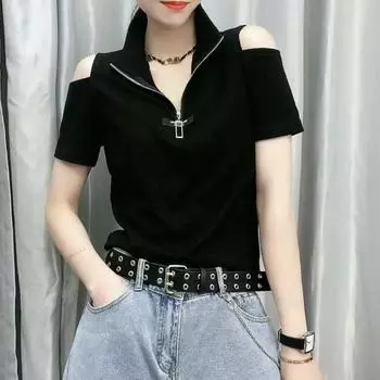 off-Shoulder Zipper Spring and Autumn T-shirt Long-Sleeve Slim-Fit Base Shirt Short sleeve black 4XL