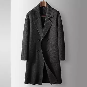 Off-the-shoulder Wide Version Men s Woolen Coat Autumn and Winter Double-breasted Long-haired Thickened Double-sided Woolen Warm Casual Coat Tide 165