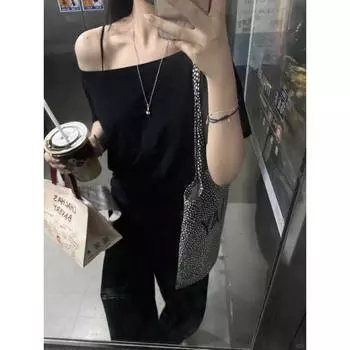 Off-the-Shoulder Word Sneaky Design Black Women s Summer Loose Short Sleeve Black S