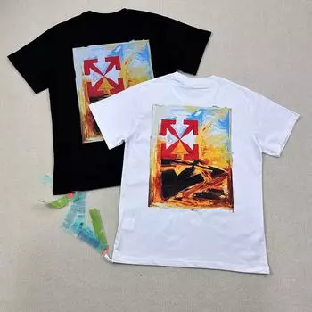 Off-White 2025 Лето Новая Картина Маслом Печать Классическая Футболка С Коротким Рукавом Для Мужчин и Женщин Парная Футболка S чёрный