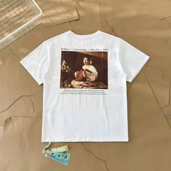 Off-White 2025 Лето Новинка Караваджо черная пианино с принтом масляной живописи Классическая футболка с короткими рукавами для пары Футболка S чёрный