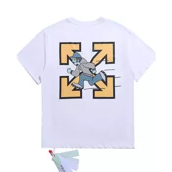 Off-White 2025 Лето Новинка Run Quickly Blue Man Футболка с принтом желтой стрелки и короткими рукавами для мужчин и женщин Парная футболка S чёрный