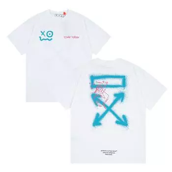 Off-White 2025 Лето Новинка Синий смайлик граффити нарисованные от руки буквы большой логотип принт Классическая футболка с коротким рукавом Парная футболка S чёрный