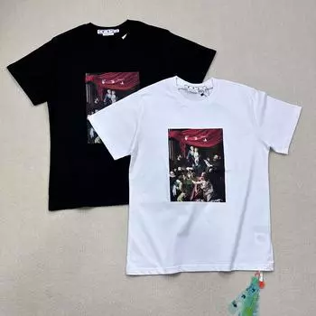 Off-White 2025 Лето Новый Ренессанс Картина Маслом Узор Печать Классическая Футболка С Коротким Рукавом Для Мужчин и Женщин Парная Футболка S чёрный