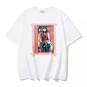 Off-White Летняя новая классическая футболка с короткими рукавами для девушек и мужчин с принтом мотоциклистов 2025 года, парная футболка для женщин и мужчин S