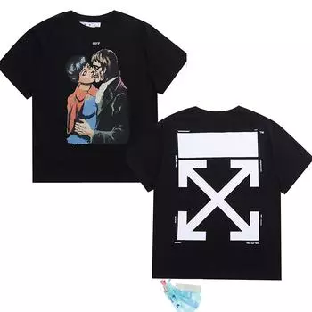 Off-White Летняя новинка 2025 года, белая футболка с короткими рукавами и принтом стрелы для мужчин и женщин, парная футболка S чёрный