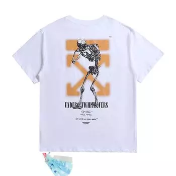 Off-White Летняя новинка 2025 года, футболка с короткими рукавами и принтом в виде U-образного черепа на спине и желтой стрелы для мужчин и женщин, парная футболка S чёрный